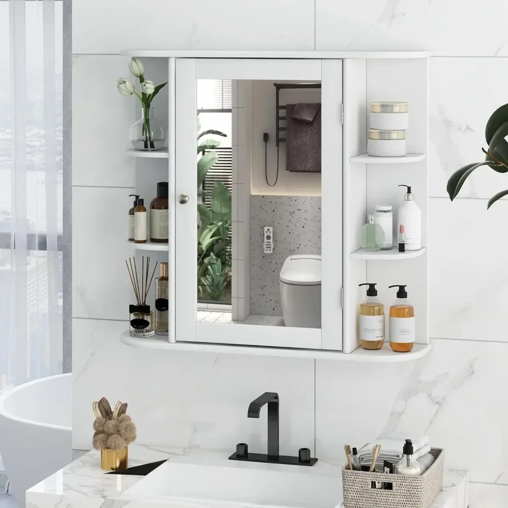 

Adjustable Shelves Bathroom Furniture Wall Mounted Bathroom Storage Cabinet W/Mirror Door & 6 Open Shelves Home