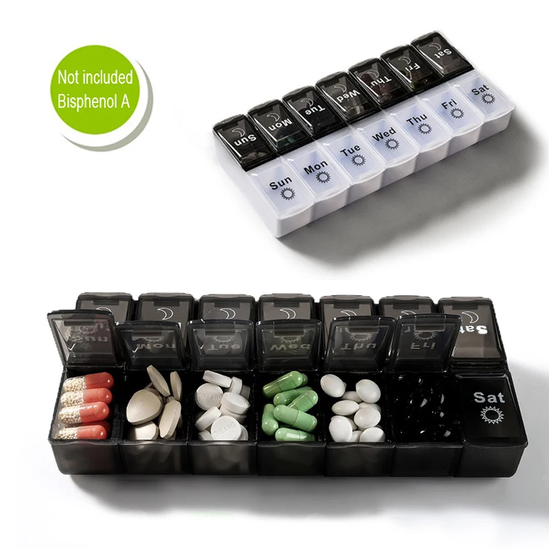Box for Pills Medicine Vitamin Box Weekly Pill Box 7 Days in English Container for Tablets Travel Pill Organizer