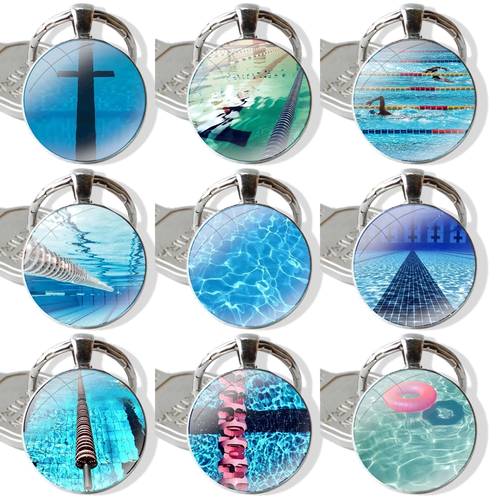 Keychain Handmade Glass Cabochon Key Ring Holder Pendant Key Chains Swimming Pool Lovely