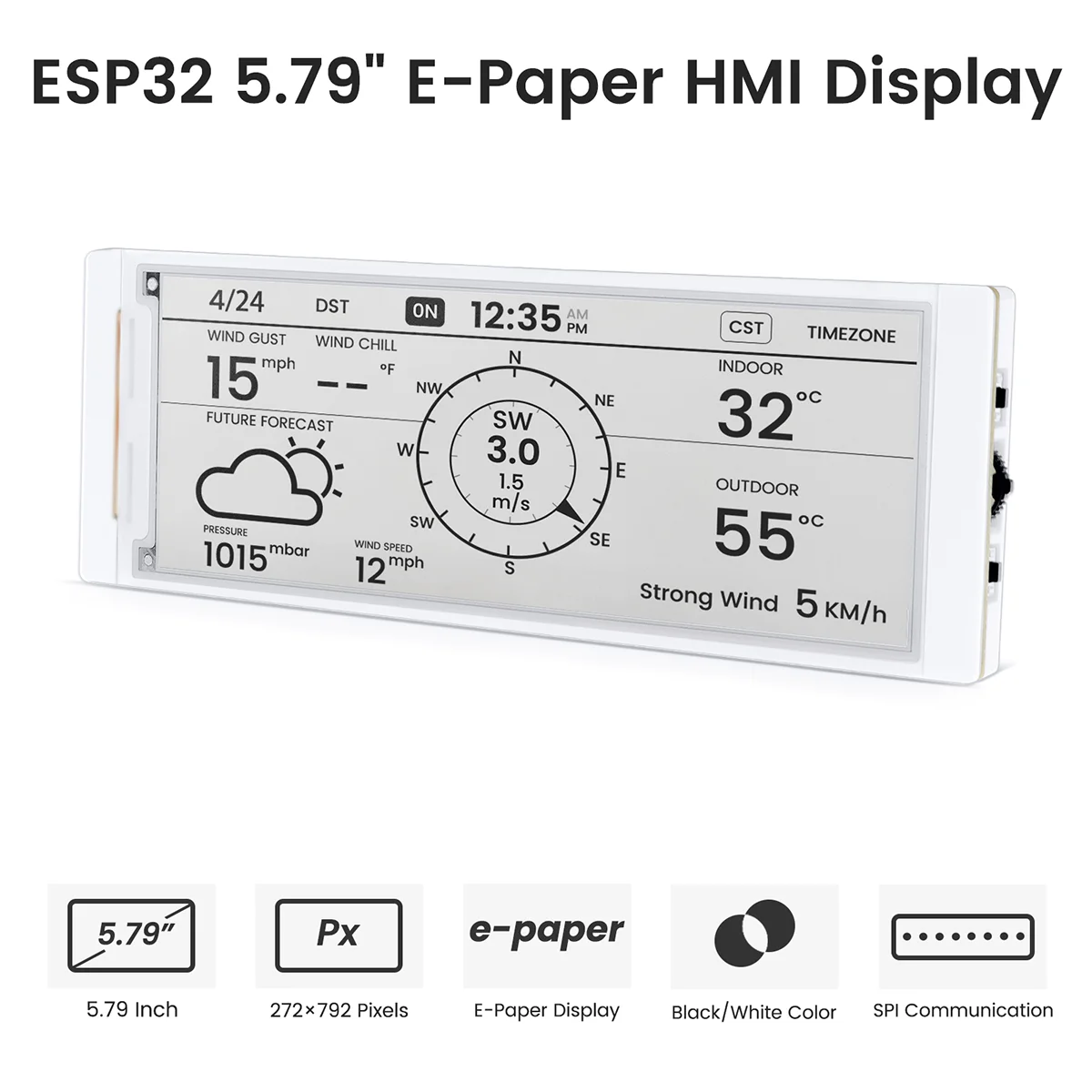CrowPanel 5.79Inch E-paper E-ink 272*792 ESP32-S3 HMI Display Black/White Driven By SPI Interface for Arduino /ESP/MicroPython