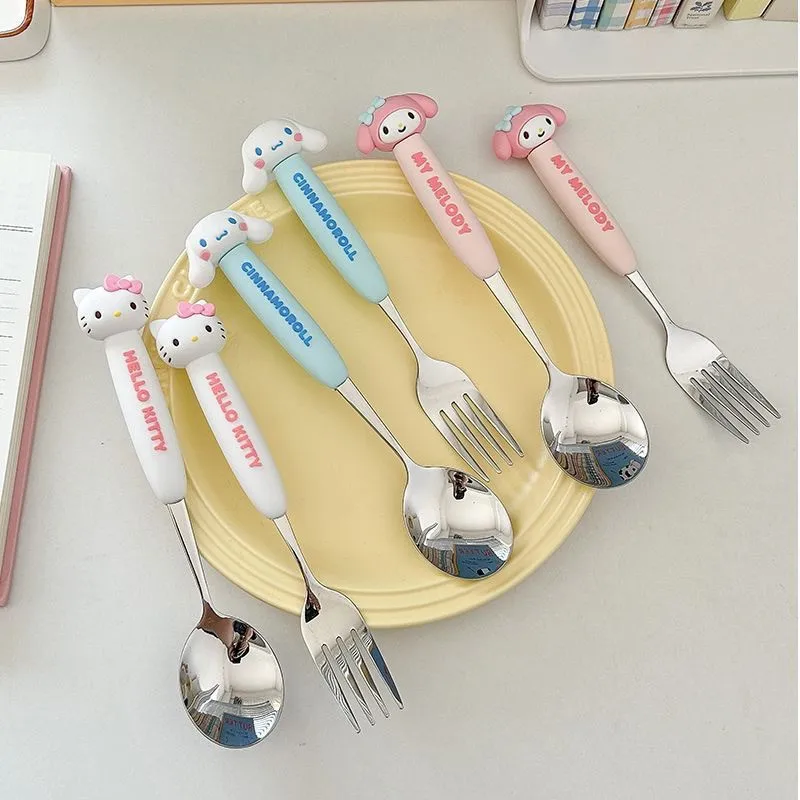 2pcs Sanrio Hello Kitty Stainless Steel Spoon Forks Cinnamoroll Melody Portable Utensils Feeding Tableware Set Girls Kids Gift