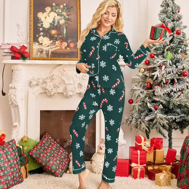 

Green Christmas New Year Festive Women's Coral Fleece Pajamas Set - Lapel Cardigan Long Sleeve & Pants Warm Cozy Loungewear Outf