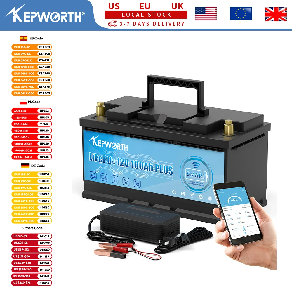 بطارية KEPWORTH 12 فولت 100 أمبير LiFePO4، 6000 دورة، BMS مطورة، لعربة الجولف الشمسية RV خارج الشبكة، مخزون الولايات المتحدة الأمريكية/الاتحاد الأوروبي