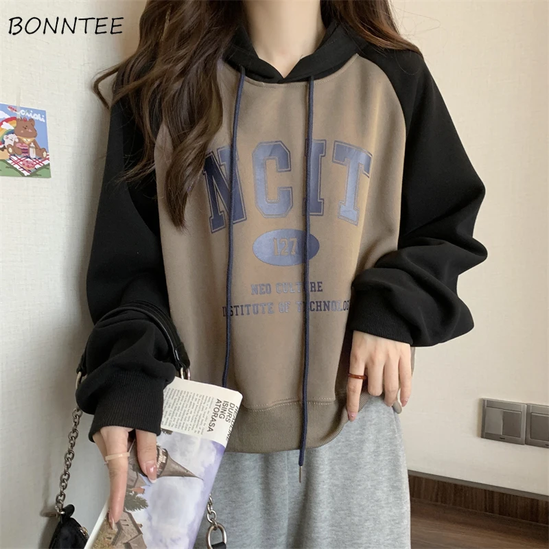 Hoodies Women Vintage Fashion All-match American Style Loose Leisure Autumn Tops Streetwear Students O-neck Printed Comfortable