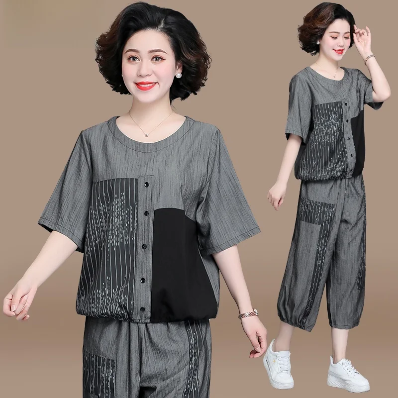 

Повседневный комплект из хлопка и льна из двух предметов: футболка с коротким рукавом и топ с круглым вырезом для женщин среднего возраста, свободный крой, летняя мода