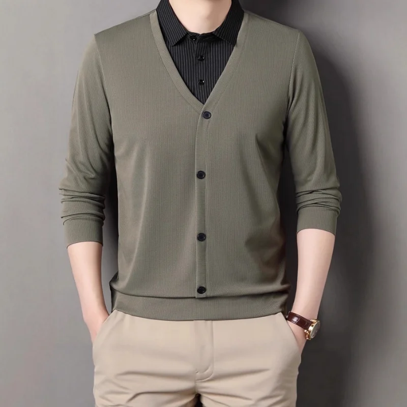 

Fake Two-piece Men's Shirt Collar Sweater Spring and Autumn Casual Versatile Sweater Middle-aged Dad Wear Fashionable Sweater