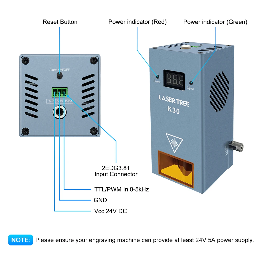 LASER TREE K30 30W Optical Power Laser Module with Air Assist TTL Blue Light Laser Head for CNC Cutting Machine Engraving Tools