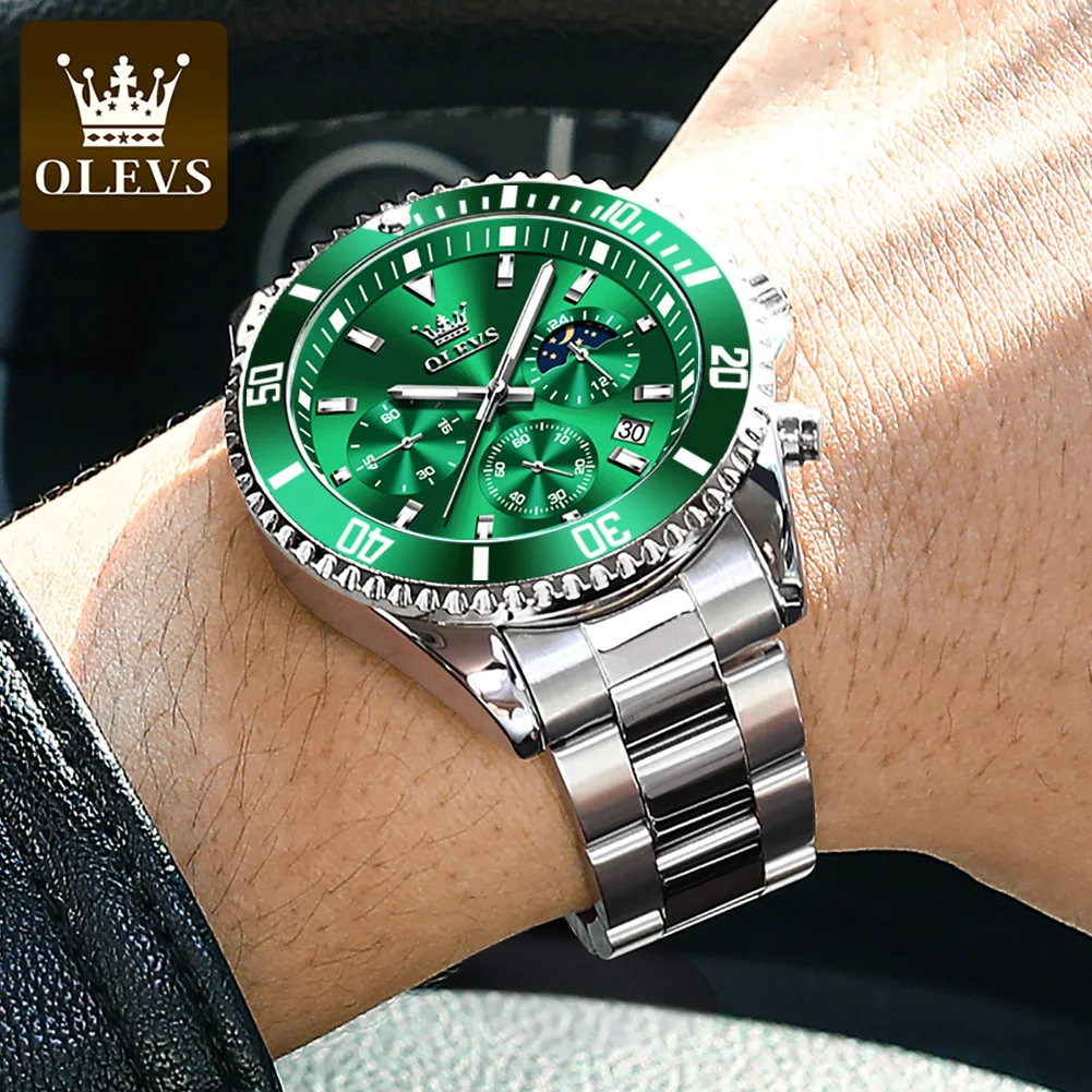 OLEVS Men\'s Watch Quartz Waterproof Luminous Stainless Steel Watch Green Sport Date Moon phase Wrist Watch for Men Reloj hombres