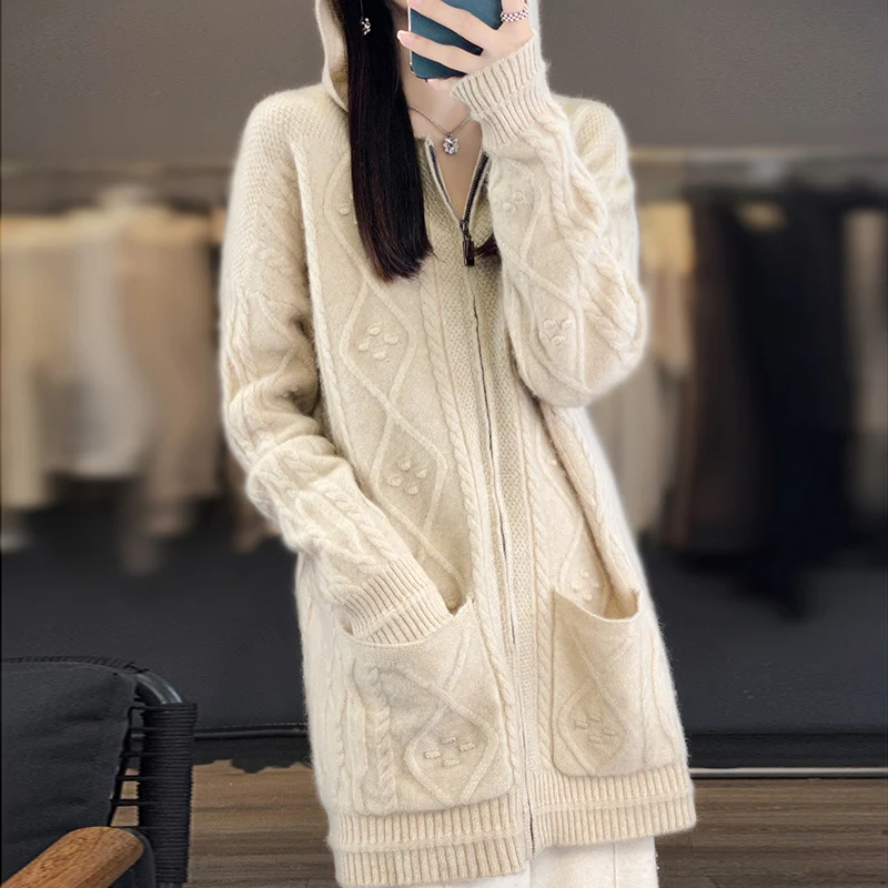 New 100% Merino Wool Hoodie Autumn/Winter Casual Loose Jumper Stylish Korean zippered Cardigan Long Sleeve Top Thick Warm Jacket