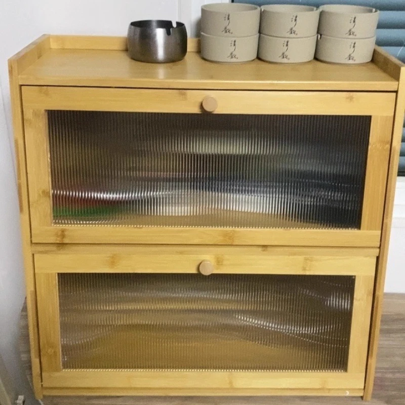 Bamboo Desktop Storage Cabinet,Dustproof Organizer with Drawers and Door,Natural Solid Wood Shelf for Bedroom Office Living Room