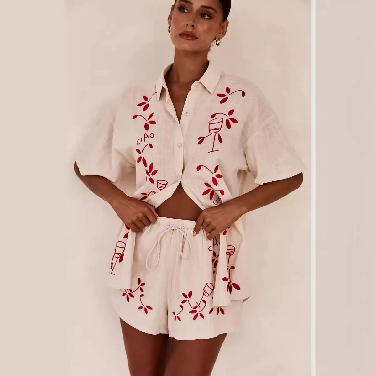 25 春夏新作 3D刺繍入り 快適カジュアルショートシャツセット-88189