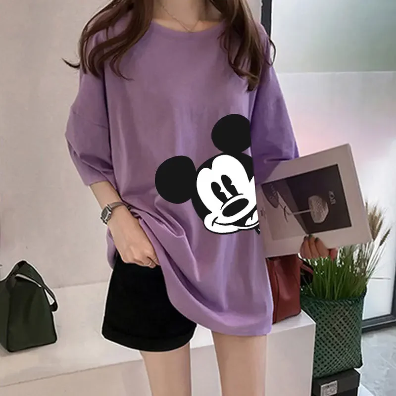 Disney Mickey T-shirt Women Summer Oversized Short-sleeved Top Anime Girls Loose Mid-length Half-sleeve T Shirt Print Clothing