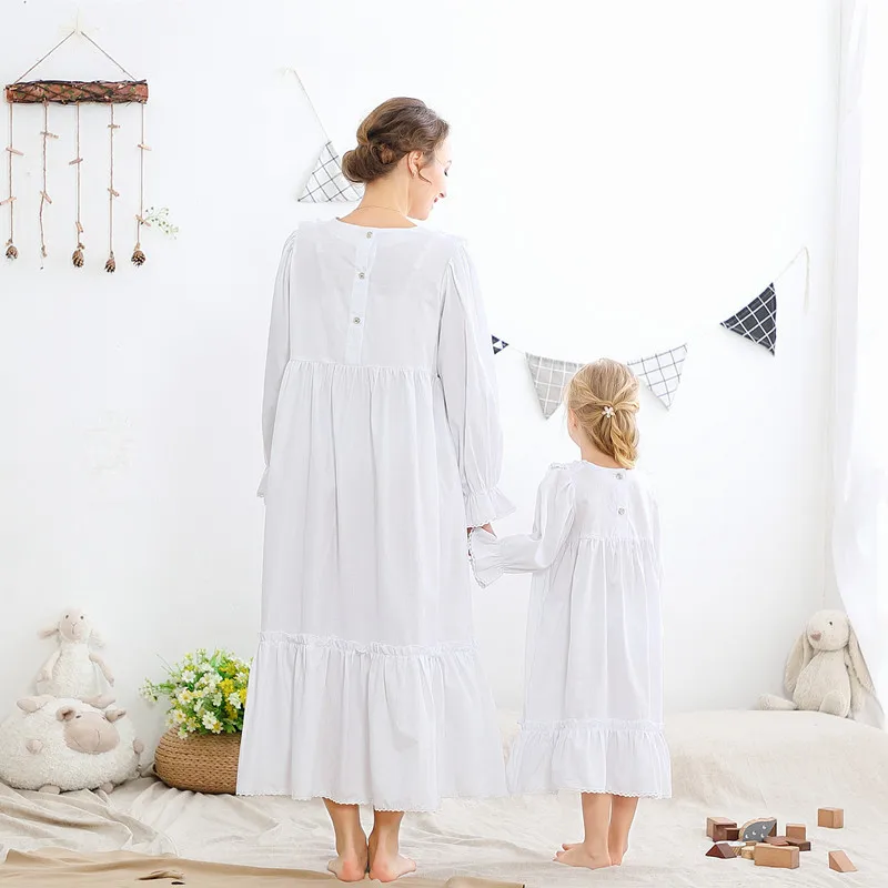 Mother-daughter Clothing Women\'s Victorian Nightgown Long Sleeve Nightdress Vintage Autumn Night Shirt Girls Cotton Sleepwear