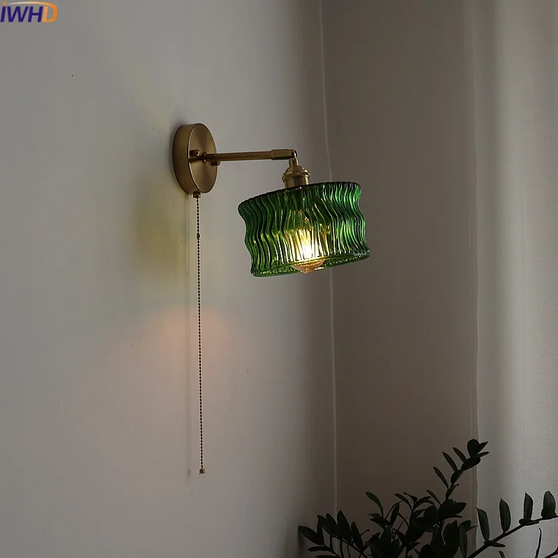 

IWHD Pull Chain Switch LED Wall Lamp Sconce Glass Copper Bedroom Living Room Bathroom Mirror Light Fixtures Nordic Lamparas