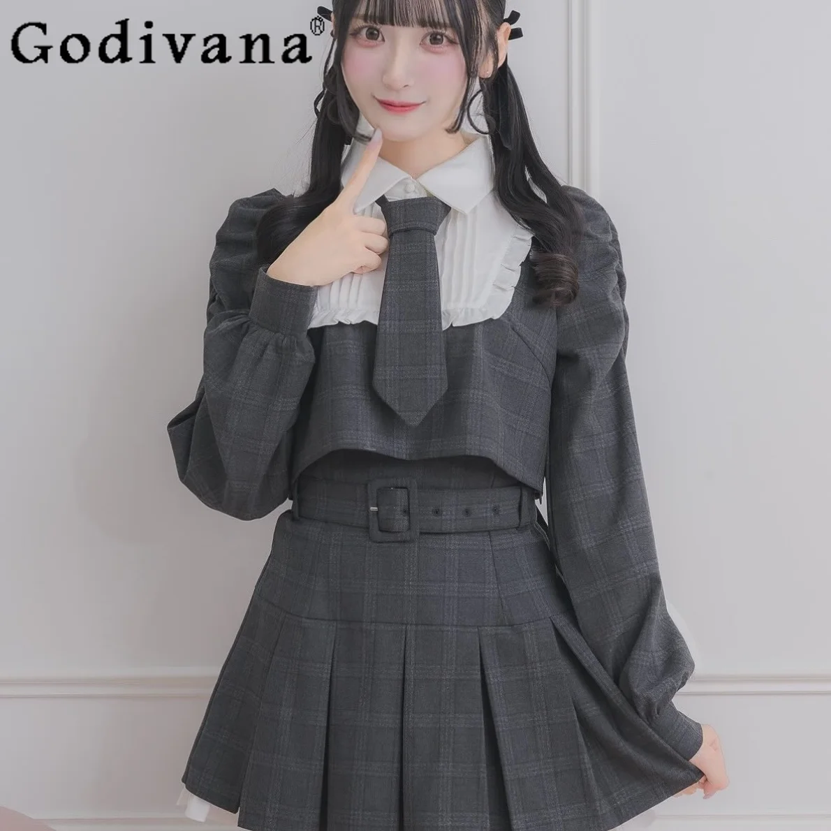 

Комплект из 2 предметов: женский топ с длинным рукавом и юбка, весна 2026, в японском стиле, модный, милый, в клетку, с высокой талией