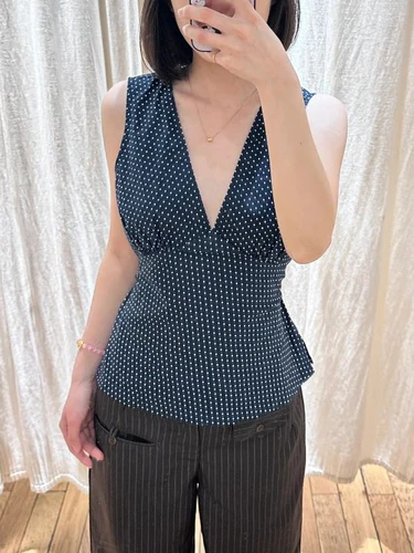 Imagen 2 del producto Camiseta sin mangas ajustada azul marino de lunares para mujer, camisola Sexy con cordones en la espalda y cuello en V sin mangas, chaleco Vintage de algodón dulce para mujer, Tops Y2k