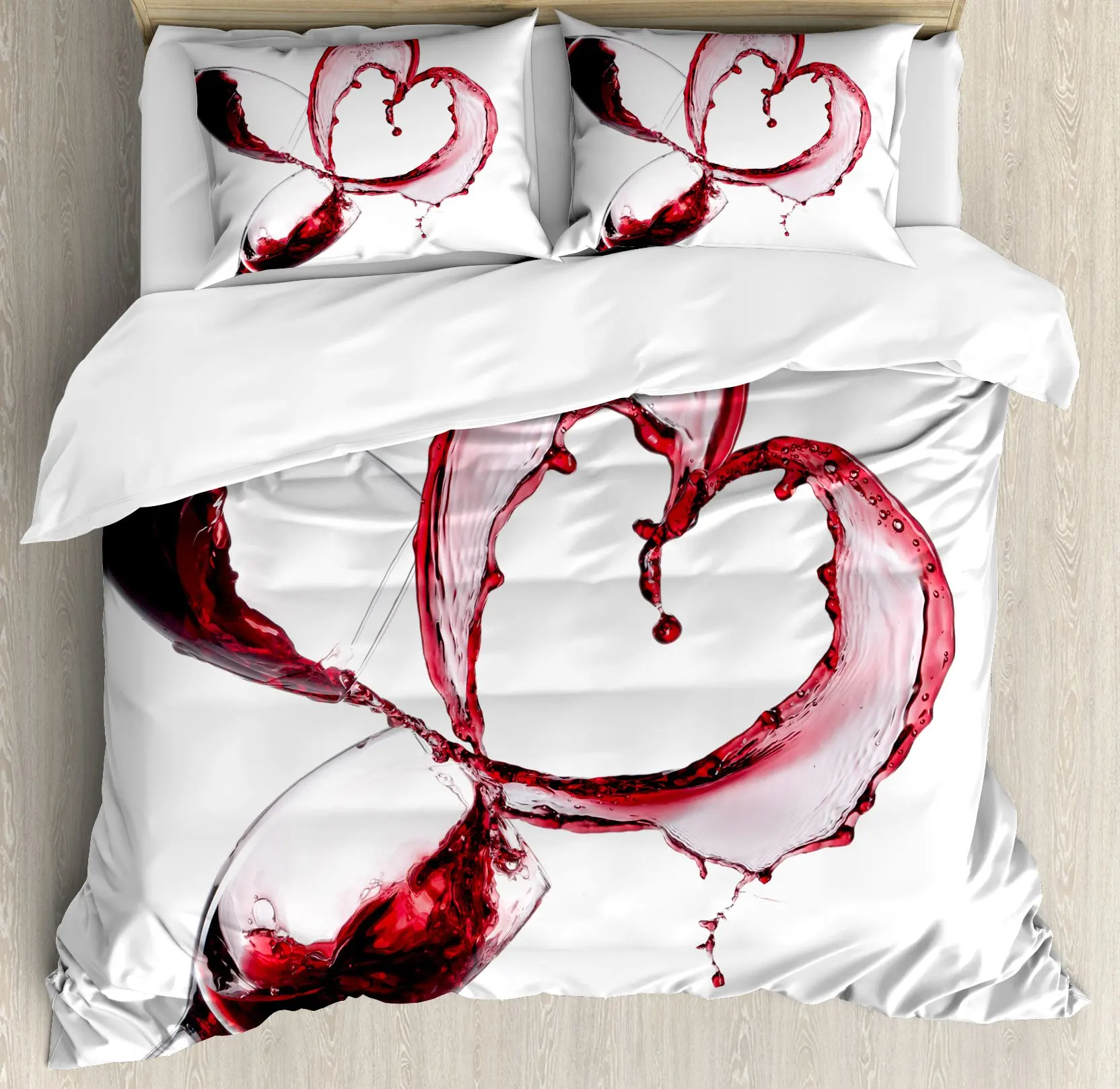 Romantic Valentines Day Duvet Cover Set Wine Bedding with 2 Pillowcases Heart Shape Spilling Red Drink in Glasses Bedding 3 Pcs