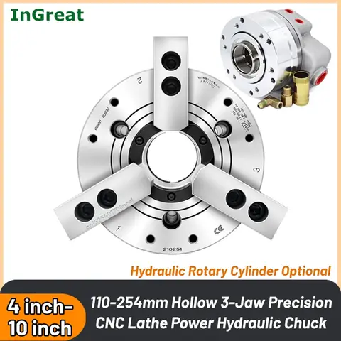 4-10인치 중공 3조 유압척 정밀 CNC 선반 파워척 (바 재료 가공용, 유압 회전 실린더 포함)