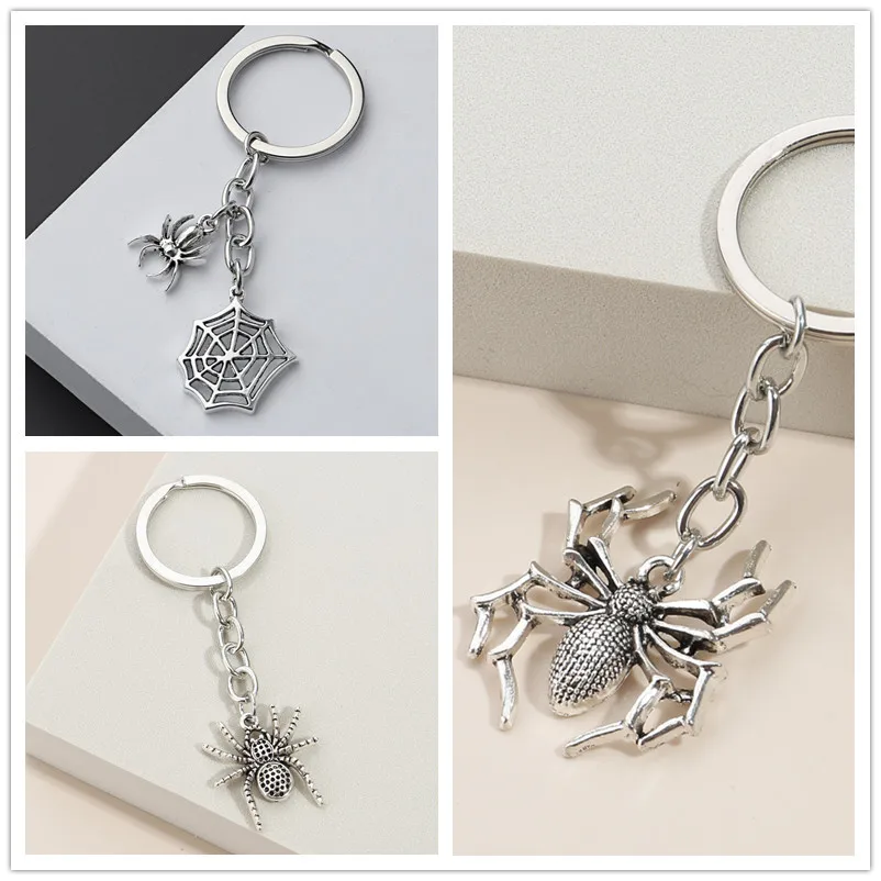 Retro Silver Color Halloween Keychain Witch Spider Web Key Ring Metal Key Chains for Women Men  Car Hanging Gothic Jewelry Gifts