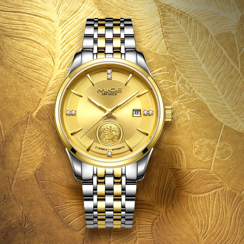 MIGE Original Miyota Automatical Mechanical Watch for Couples Calendar Diamond Sapphire 24K Gold Stainless Steel Wristwatch