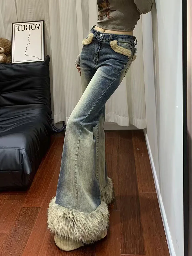 Y2K Furry Patchwork Jeans Women American Streetwear Slim Flared Denim Pants Winter High Waist Splicing Straight Trousers Mujer
