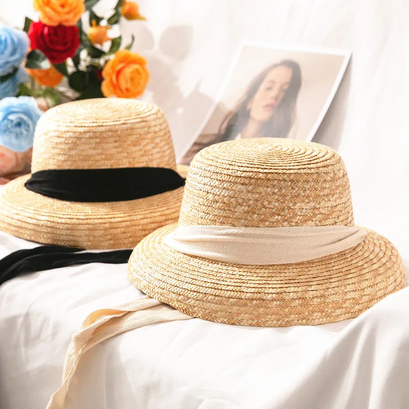 Women summer nature wheat straw hat Outdoor ladies female Curved visor cap sunscreen cap Ribbon Raffia Sun protection hat