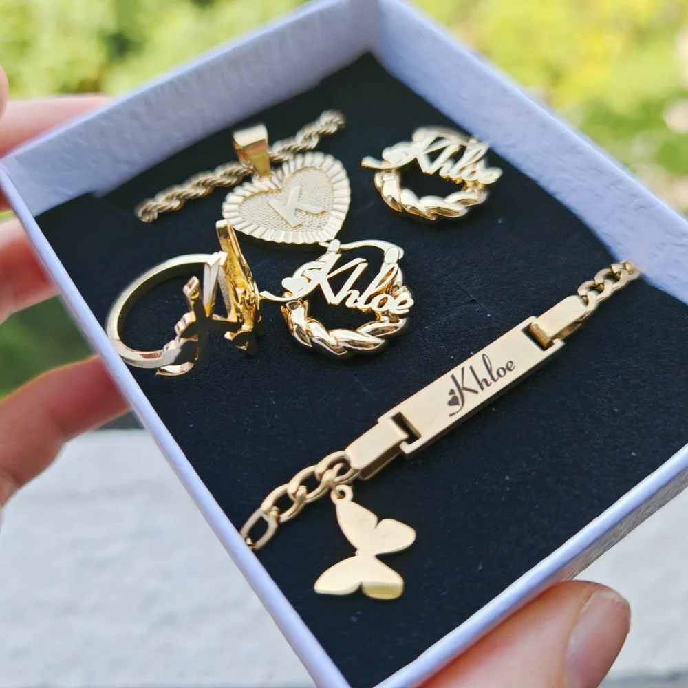LeeChee Butterfly 4Pcs Set Custom Name Earrings Butterfly Charm Bracelet Ring Heart Pendant Necklace Jewelry Girls Set