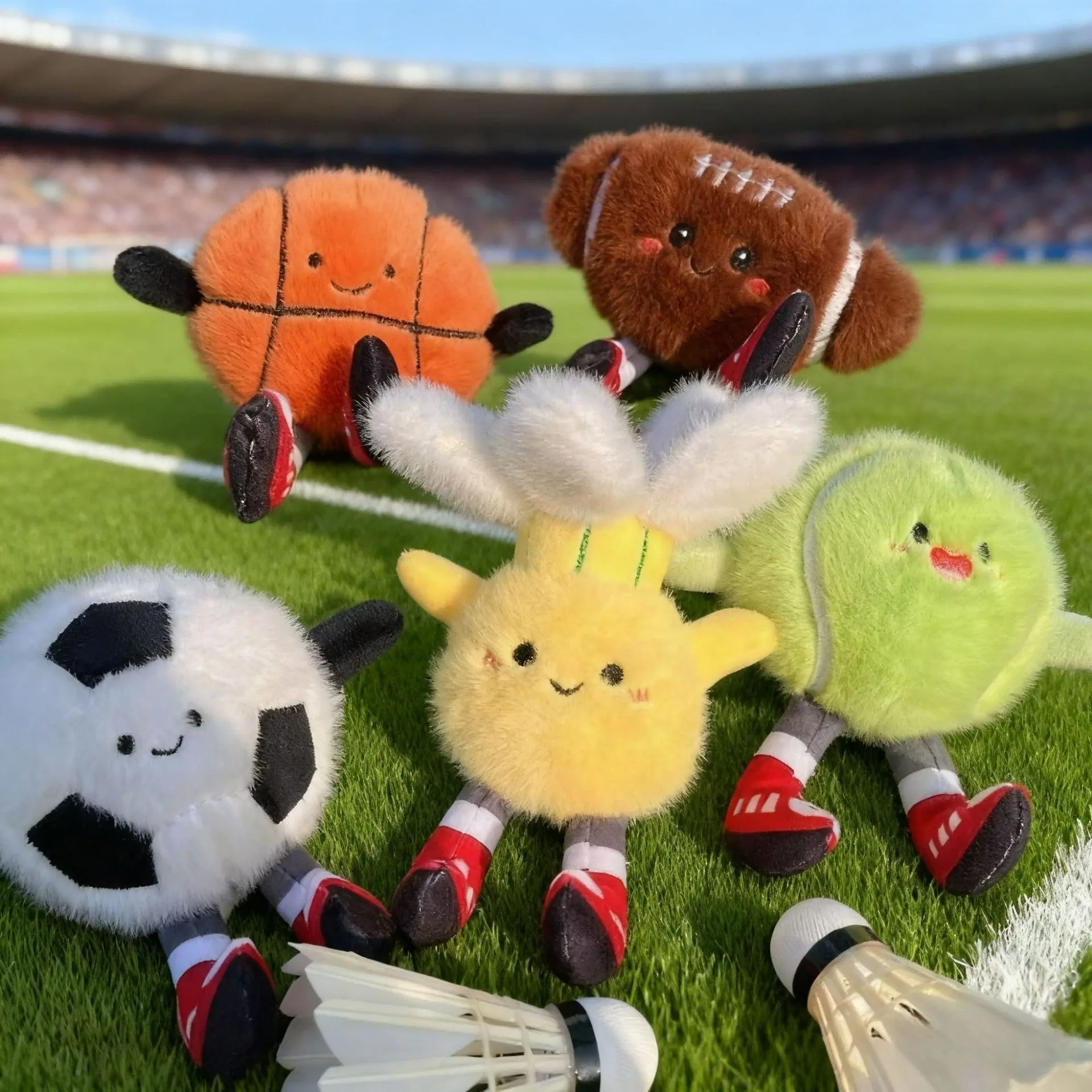 Super bonito basquete tênis chaveiro de pelúcia pingente badminton futebol boneca simulação brinquedo pingente saco pingente