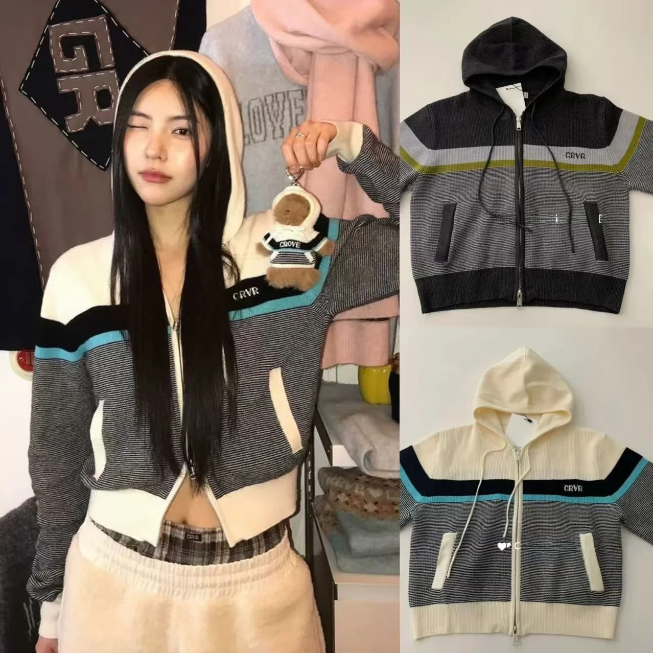 

VE LOVE College Sle Zipper Knitted Short Sleeve Sweater Color Block Striped Hoodie Chic Fem Faion Winter Long Sleeve