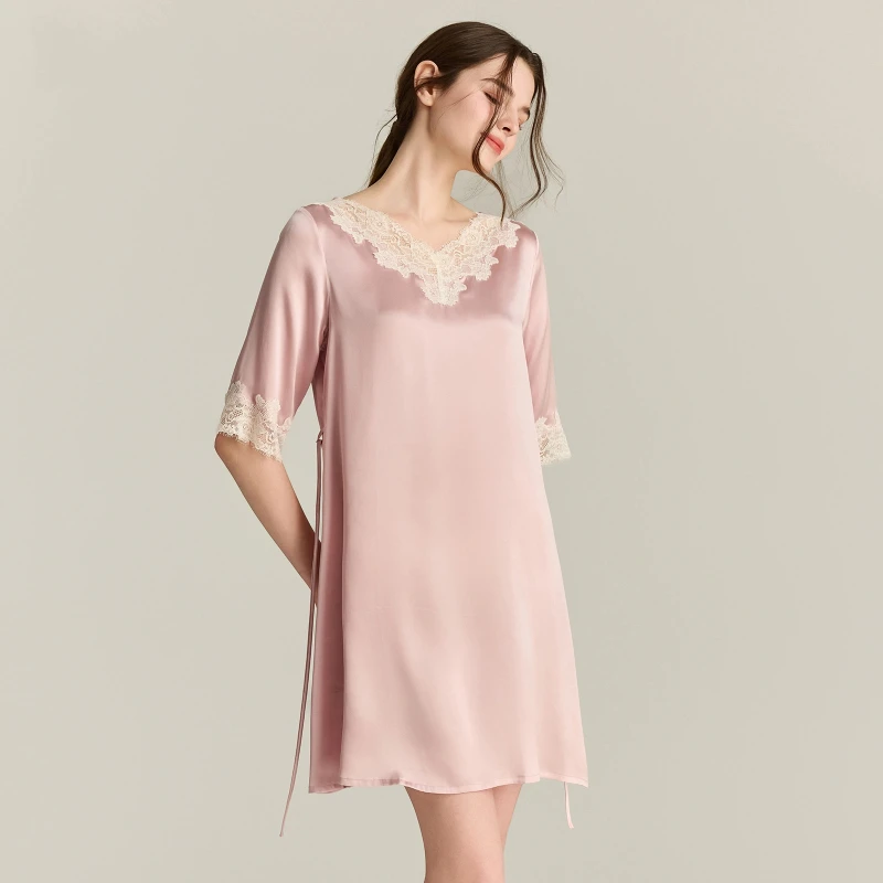 

Французский стиль 19 мм, 100% натуральный шелк, женская ночная рубашка с поясом, домашняя ночная рубашка, ночная рубашка с v-образным вырезом, ночная рубашка с кружевной отделкой, сорочка, ночная рубашка