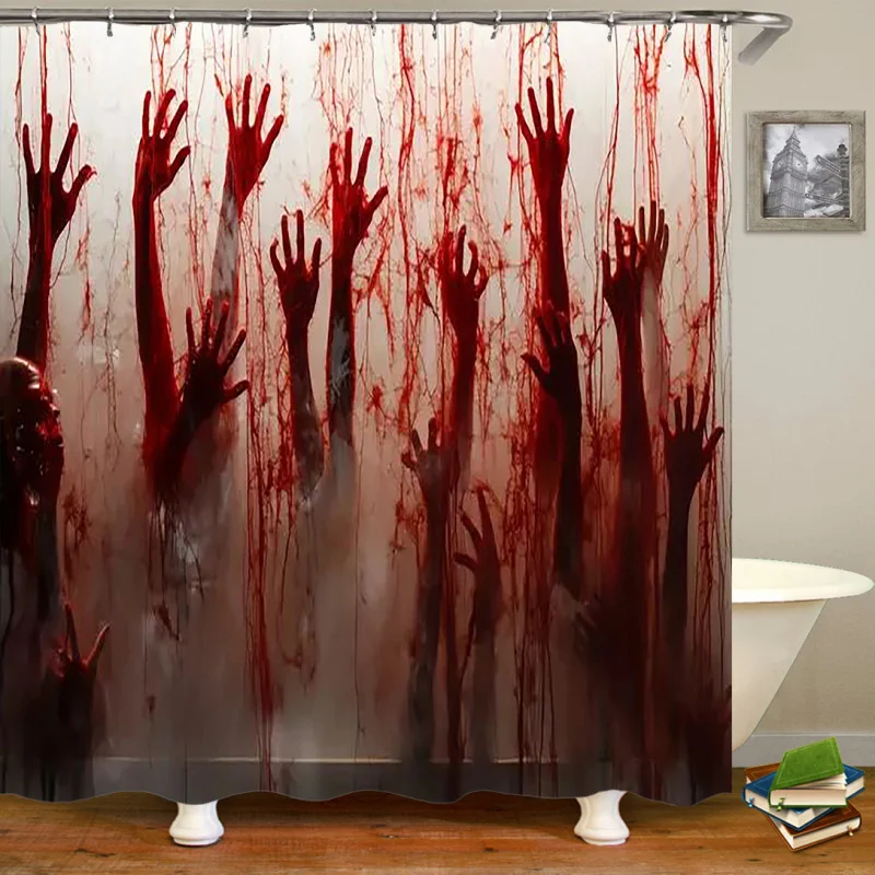 Spooky Halloween Set: Includes 1/4 Pcs Blood-Handprint Shower Curtain, Non-Slip Mat, U-Shaped Bath Rug, and Toilet Sea