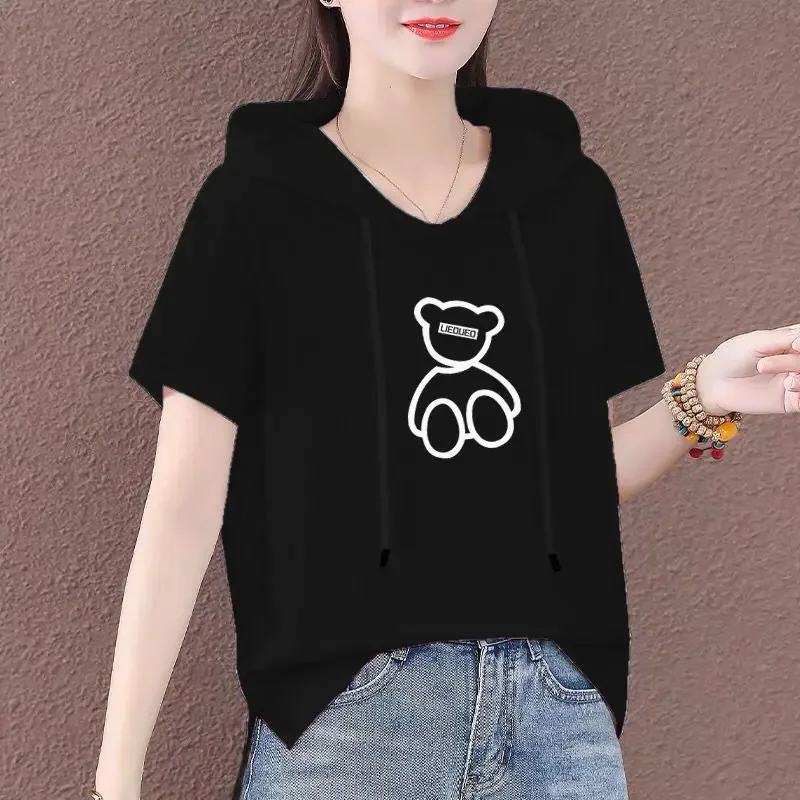 Short-Sleeved Cotton Hoodie for Women, Loose T-shirt, Cover Belly, Large Size, Summer Version, Reduce Age, Fashion