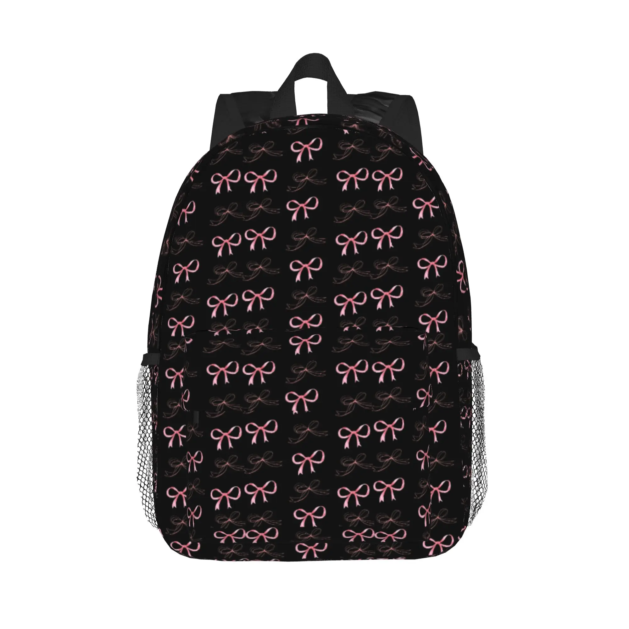 Pink Bow In Blackground Pattern Backpack Hot Sale Daypack Large Capacity Boy Girl BookBag Shoulder Bags for Men Women School Bag