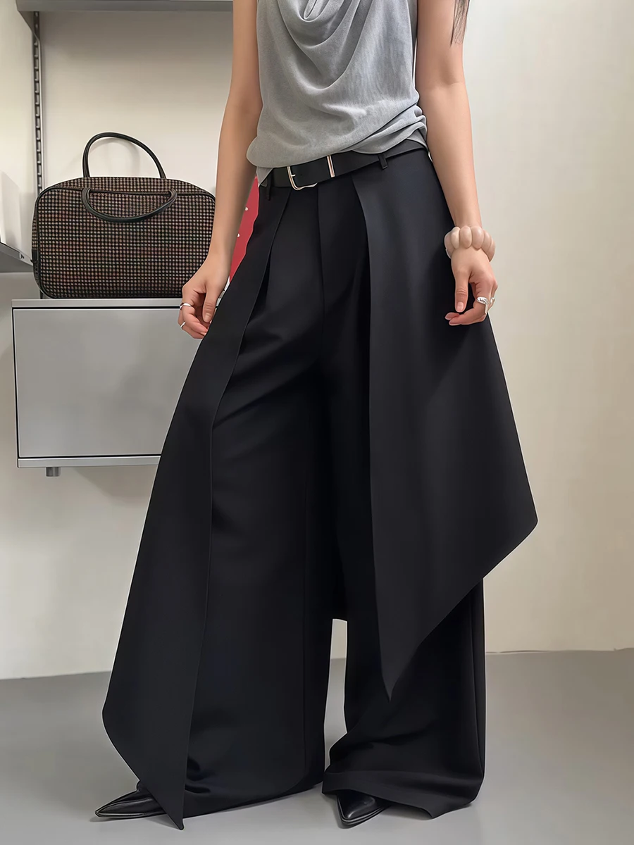 RORORIRI Vrouwen Zwarte Cargo Wijde Pijpen Broek Techwear Koreaanse Lazy Chic Loose Fit Fake Tweedelige Lange Broek Kantoor Outfit