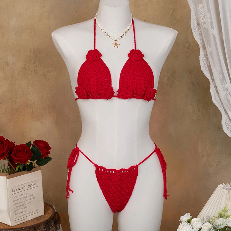 Two-piece hand-knitted three-dimensional flower Women Sexy Bikini Set Cover Up Binding Rope  Swimsuit Summer Holiday Beach Wear