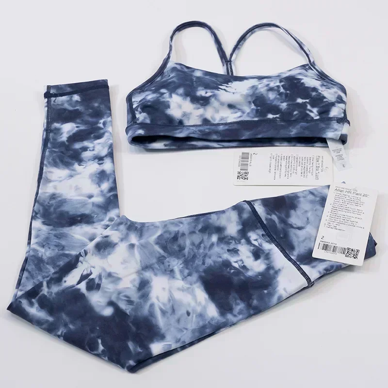 2PCS  women's Yoga Set Tie dyed Printing High Waist Leggings Sportswear Gym Top Y-shape Bra Fitness Workout Tracksuits