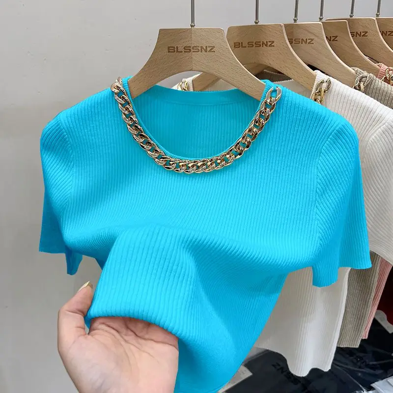 Neploe High End Short Sleeve Knitted T-Shirt 2024 Summer French Office Lady Style Westernized Tops Femme Chic Chain Neck Tees