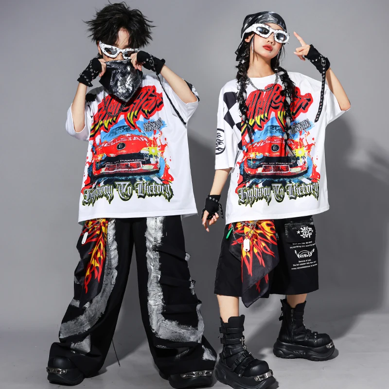 Jungen Hip Hop Kontrast T-shirt Baggy Cargo Hosen Mädchen Street Dance Jazz Kostüm Kinder Kleidung Kinder K-pop Streetwear