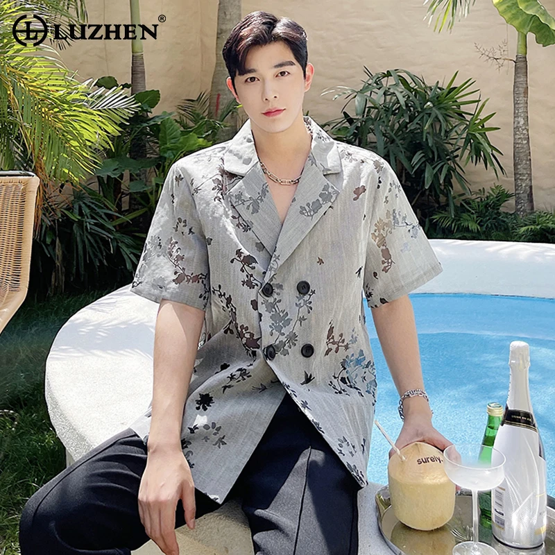 

LUZHEN 2024 Summer Korean Print Design Short Sleeved Shirt New Men's Double Breasted Light Breathable Trendy Elegant Tops LZ1670