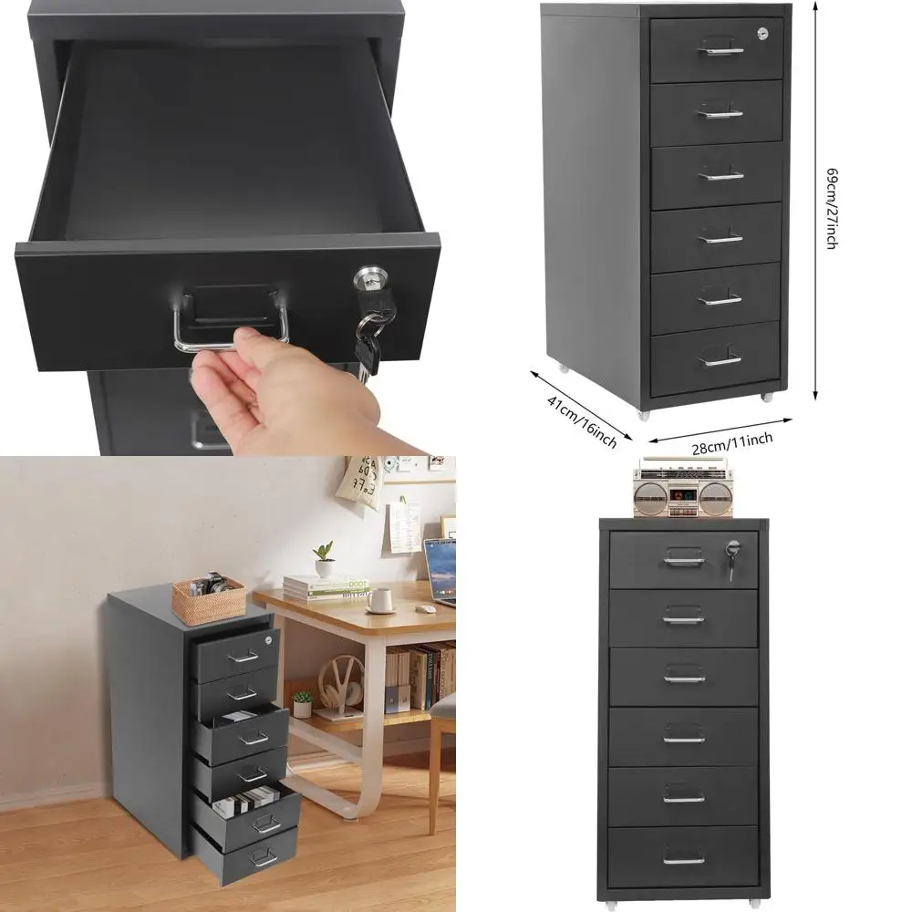 

Black Metal Vertical File Cabinet with 6 Drawers, Lockable and Wheeled for Home Office or Study Use
