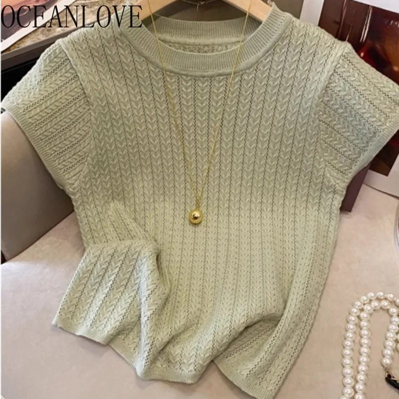 

OCEANLOVE Knitted T-shirts Solid O Neck Spring Summer T Shirt for Women Basic Korean Fashion Simple Elegant Ropa De Mujer
