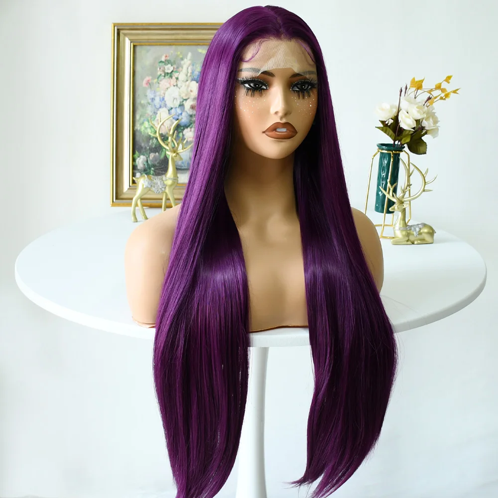 الاصطناعية الدانتيل شعر مستعار أمامي طويل مستقيم الأرجواني الداكن الدانتيل الجبهة شعر مستعار اصطناعي قبل قطعها شعري طبيعي غلويليس مقاومة للحرارة