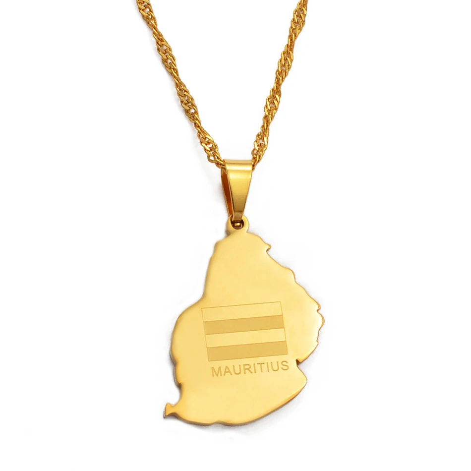 Anniyo Mauritius Map Flag Pendant Necklaces for Women Girl Gold Color African Countries Ile Maurice Jewelry @025021