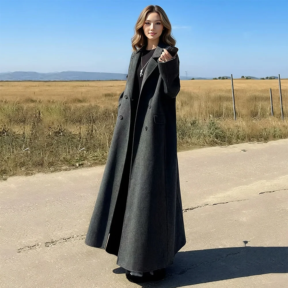 New Women Long Double-Faced Wool Coat Spring Autumn Fashion Suit Collar Double Breasted Loose Waist Daily Wool Blends Coat