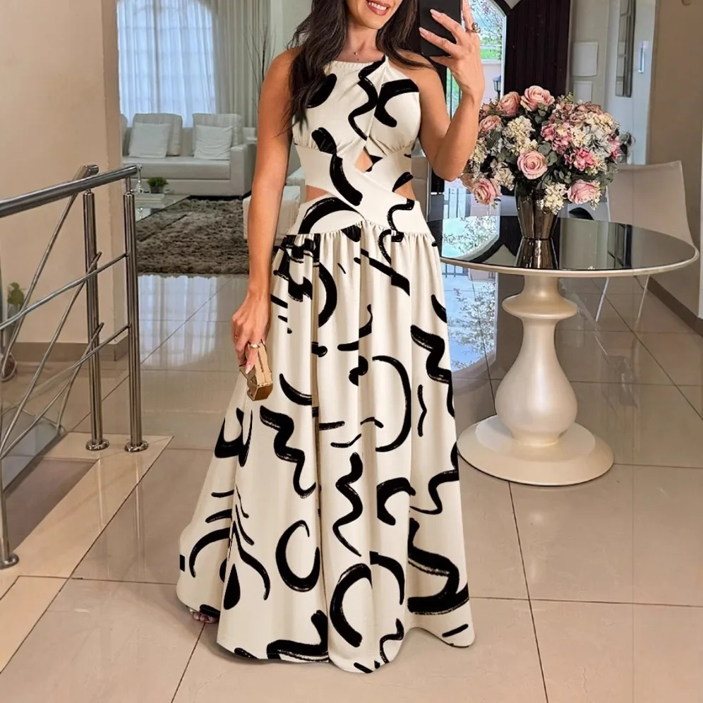 Abito estivo nuovo sexy con scollo all'americana per le donne Nuova moda per le vacanze Stampa floreale Vita sottile Scava fuori abiti maxi senza schienale