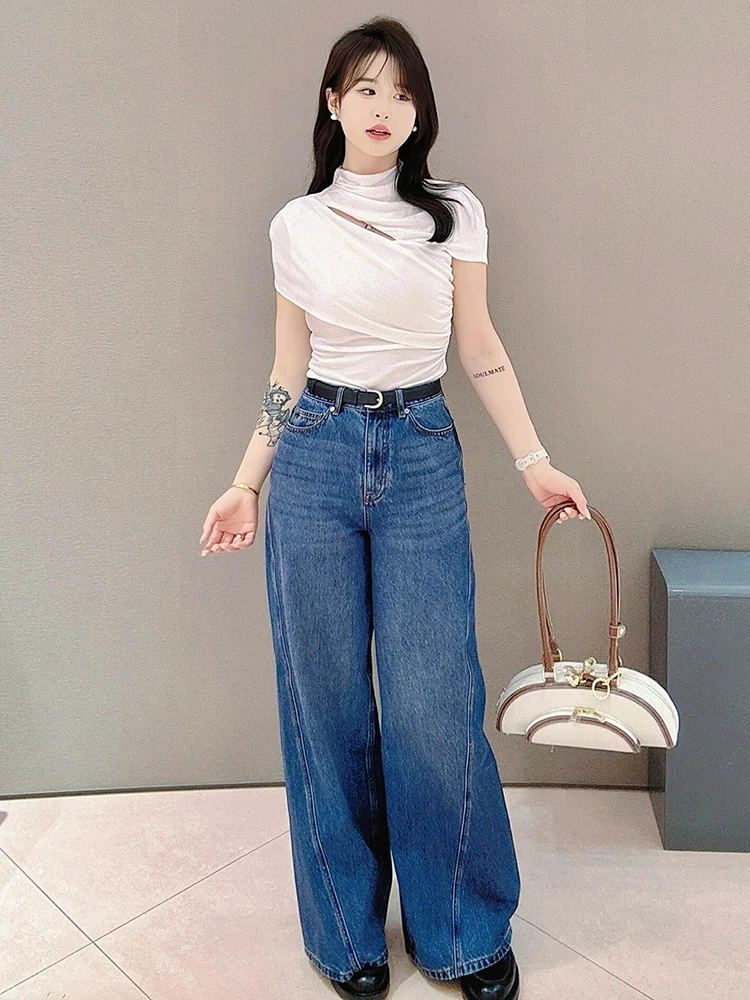 

Casual White Hollow out T-irt Women's High Waist Wide Leg Pants Versatile Summer Apparel SP Home South Oil Premium Faion