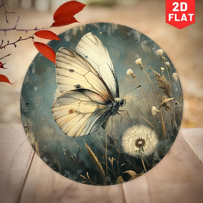 2D Flat, 2D Flat 1pc, Elegant Butterfly and Dandelion Iron Metal Sign, 7.87 Inch Round Vintage Wall Decoration, Serene and Dream