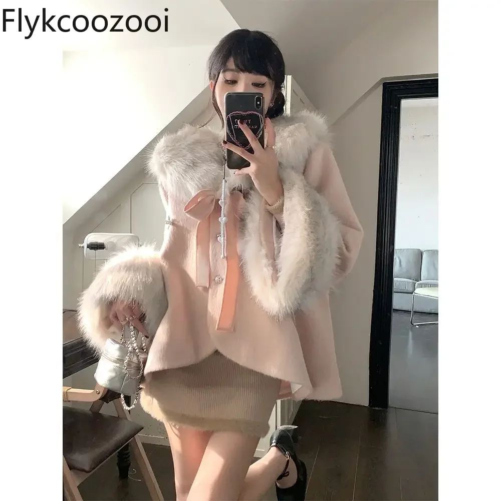 Wool Cotton Padded Cloak Coat Bow Academy Style Casacos Femininos Inverno 2024 Mainland China Luxury Winter Jacket Women