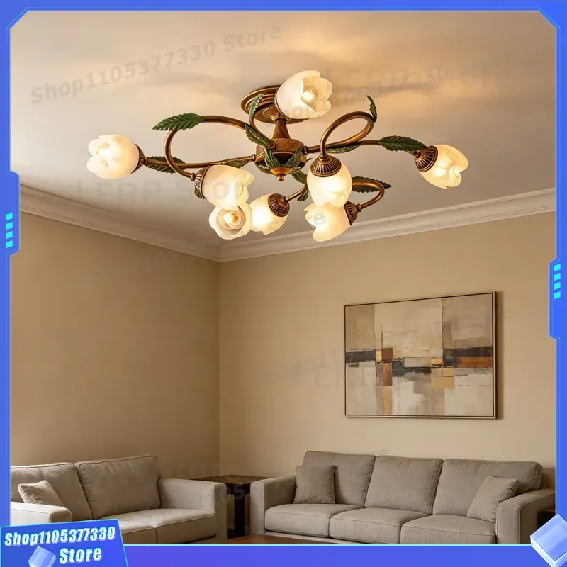 American Retro Ceiling Lamp French Rural Pastoral Style Modern Simple Creative Flower Plant Design for Living Room Bedroom
