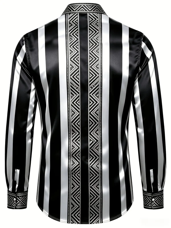 Men's Long Sleeve Shirt Autumn Black White Vertical Stripe Ethnic Geometric Print